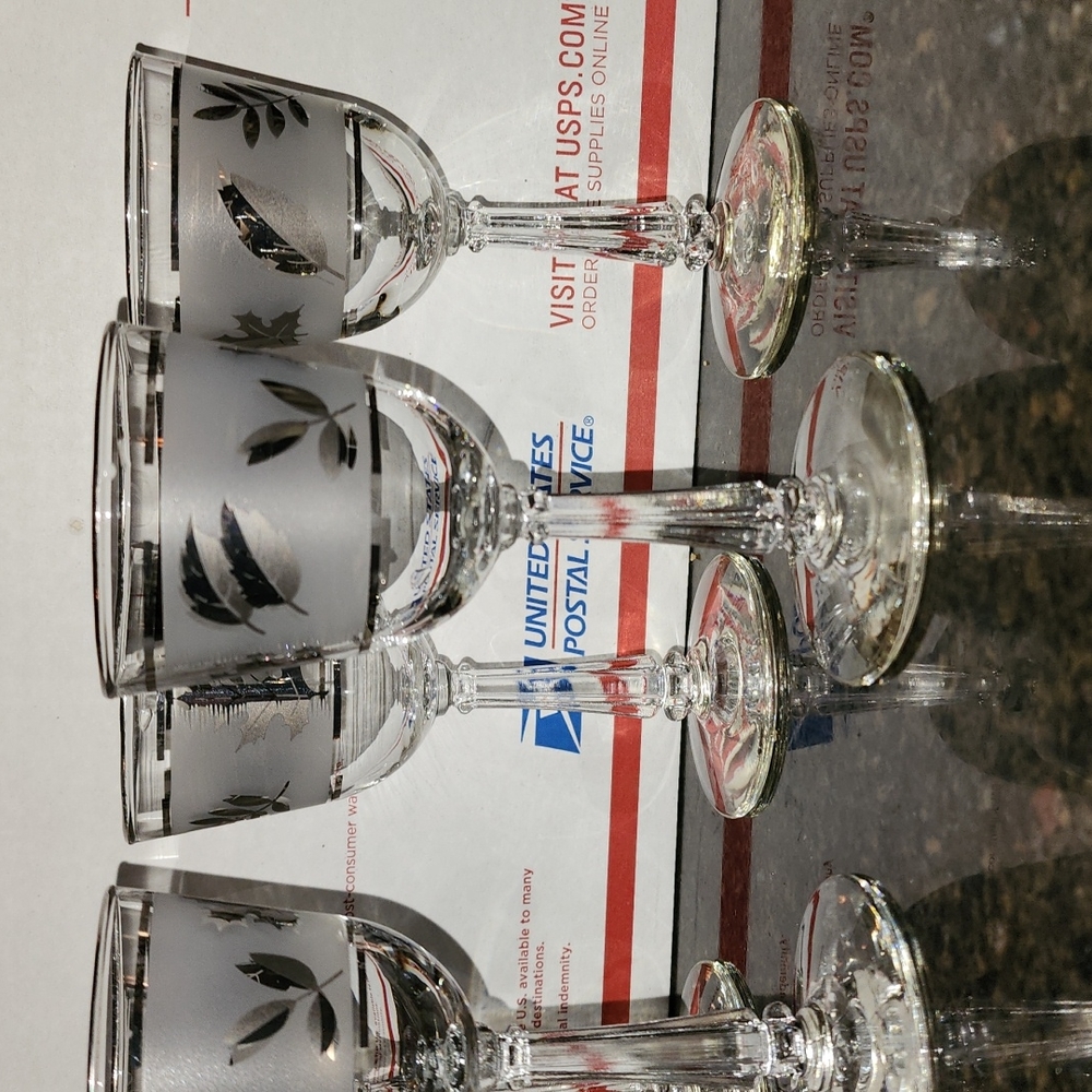 Set of 10 MCM Libbey Silver/ Frosted Leaf Wine/Cordials EUC